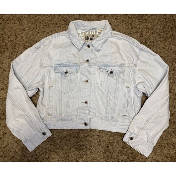 LEVIS Silvertab Cropped Boxy Trucker Jean Jacket Light Wash Rocker Boho LARGE - Picture 1 of 11